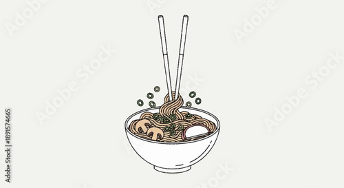 Bowl of noodles with chopsticks and mushrooms illustration.