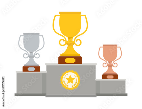 Winner podium with winners cups. Cup on a pedestal: gold, silver, bronze.