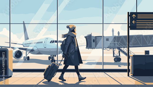 Traveler Walking in Airport Terminal Flat Vector Illustration