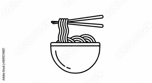 Bowl of noodles with chopsticks icon simple line art.