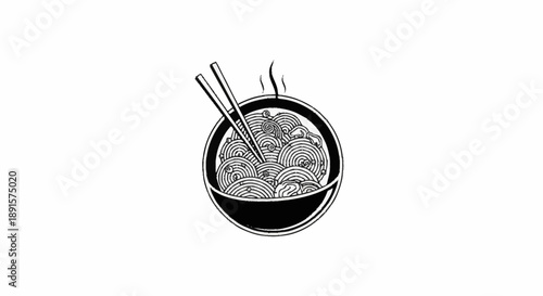 Bowl of noodles with chopsticks illustration.