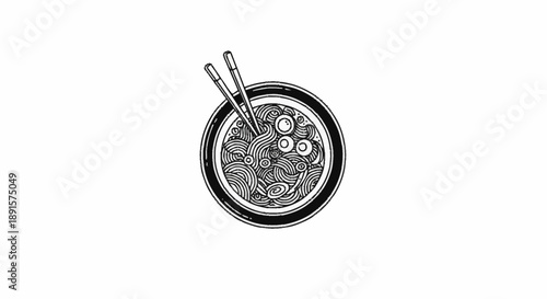 Bowl of noodles with chopsticks illustration.