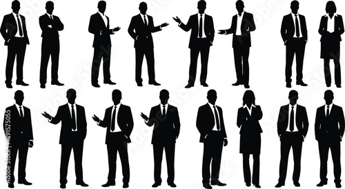 Black silhouettes of business people in various poses business, people, silhouettes, black, white background, suits, ties, formal wear, standing, gesturing, arms crossed, hands in pockets, various, po