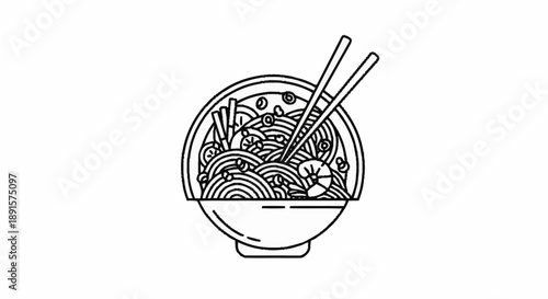 Bowl of noodles with chopsticks illustration.