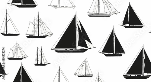 Collection of black and white sailboat illustrations on a white background.