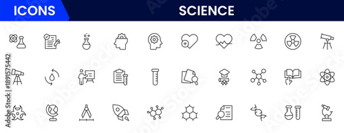 Science and research line icons collection. Big UI icon set in a flat design. Thin outline icons pack. Vector illustration