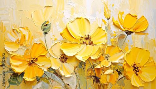 Hand-painted oil artwork of pastel yellow flowers created with rough palette knife technique, floral
