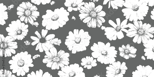 White daisy floral pattern on dark grey background with textured petals and centers flower