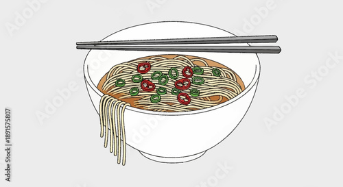 Delicious bowl of noodles with chopsticks and toppings.