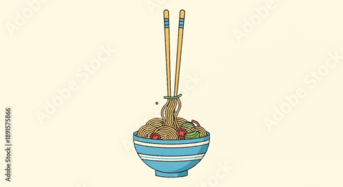 Delicious bowl of noodles with chopsticks ready to eat.