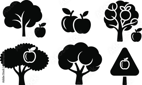 Apple tree silhouette set, fruit orchard icons collection, organic agriculture symbols, nature garden vector illustrations isolated on white background