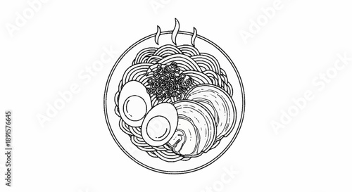 Delicious bowl of ramen noodles with egg and meat illustration.