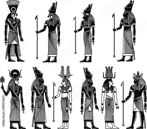 Ancient Egyptian gods and royalty illustration, traditional profile figures, symbolic headdresses, cultural mythology art design, black silhouette collection, flat vector