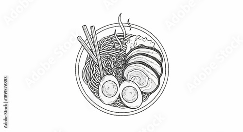 Delicious bowl of ramen noodles with pork and egg illustration.