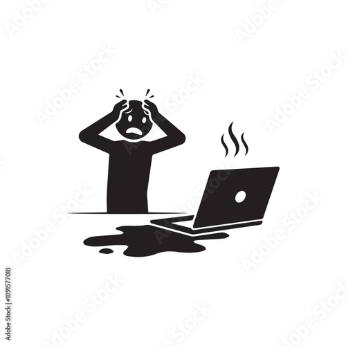 Frustrated Person with Spilled Coffee on Laptop Computer.