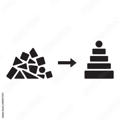 From Chaos to Order Abstract Geometric Shapes Transform into Stacked Tower.