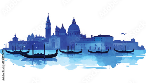 Blue watercolor silhouette of the Venice cityscape with gondolas on illutrastion transparent background