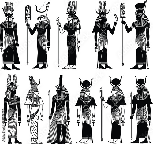   
Ancient Egyptian gods and royalty illustration, traditional profile figures, cultural mythology symbols, historic art design, black silhouette style, flat vector