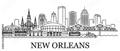NEW ORLEANS New Orleans skyline with Louisiana, and USA Line art. 
