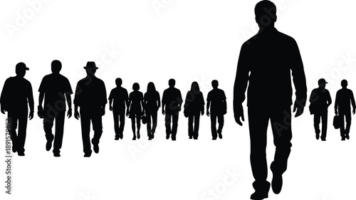 Black silhouettes of people walking in a line white background silhouettes, people walking, black, white background, crowd, group, walking, men, women, business casual, hats, bags, anonymous, faceless