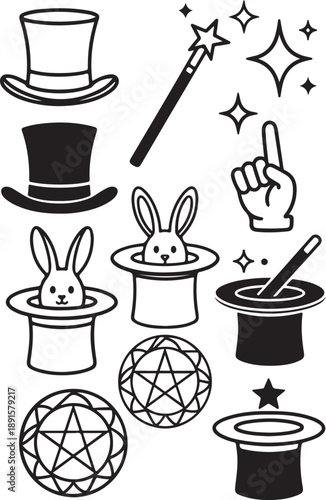 Black and white magic themed clip art with hats rabbits and stars