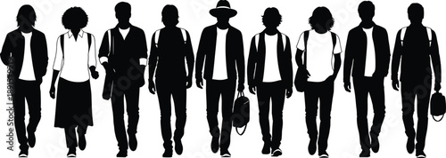 Black silhouettes of people walking in various poses and outfits silhouettes, people, walking, black, white background, various poses, outfits, casual wear, hats, bags, shoes, various, poses, wearing,