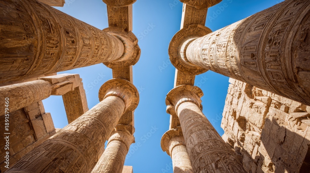 Naklejka premium Majestic columns of temple under clear blue sky.