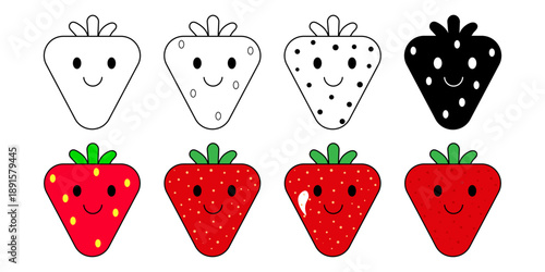 Colorful and Black and White Cartoon Strawberries with Faces