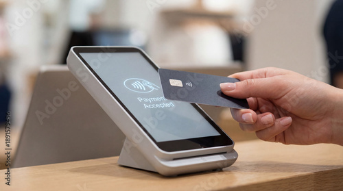Contactless payment at retail checkout with credit card being tapped on terminal. Modern payment technology is displayed on screen as user engages in transaction at store.
