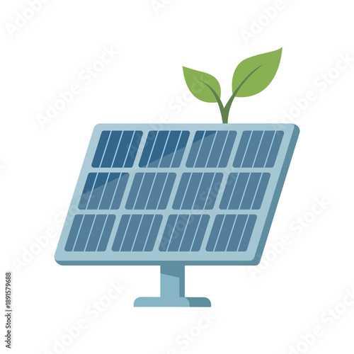 Solar panel with green leaves. Renewable sun energy source vector icon