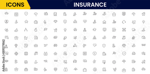 Insurance and assurance icon set. Containing healthcare medical, life, car, home, travel insurance icons.