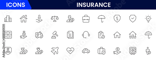 Insurance and assurance icon set. Containing healthcare medical, life, car, home, travel insurance icons.