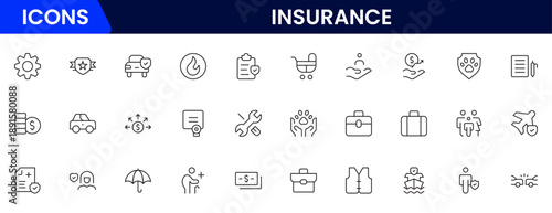 Insurance and assurance icon set. Containing healthcare medical, life, car, home, travel insurance icons.