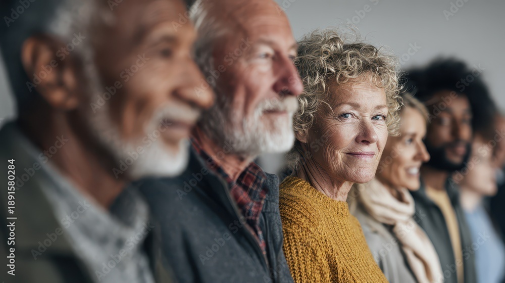 Fototapeta premium A Multiethnic Group Standing in a Neat Single File in an Indoor Studio