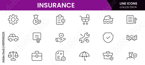 Insurance and assurance icon set. Containing healthcare medical, life, car, home, travel insurance icons.