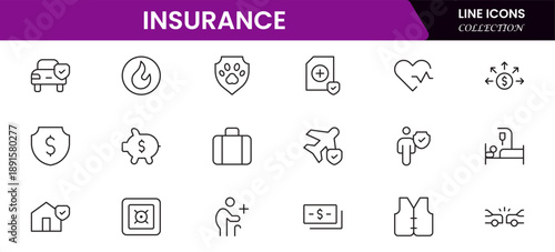 Insurance and assurance icon set. Containing healthcare medical, life, car, home, travel insurance icons.