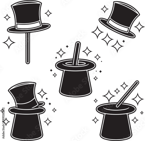 Black and white illustration of magic top hats with sparkles