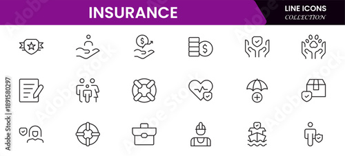 Insurance and assurance icon set. Containing healthcare medical, life, car, home, travel insurance icons.