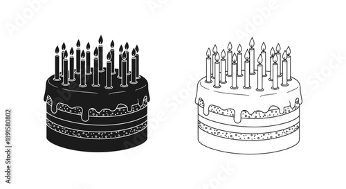Two birthday cakes with lit candles one black and one white outline