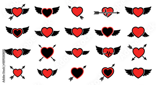A collection of red and black winged hearts pierced by arrows