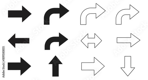 Collection of various black and white arrow symbols in a grid layout