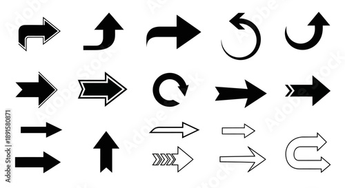 Collection of various black arrow and circular directional symbols