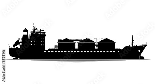 Black silhouette of a large cargo ship with cylindrical tanks on deck