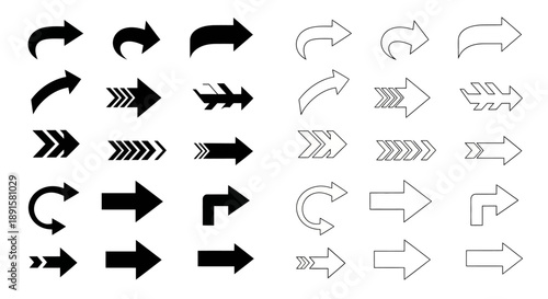 Collection of various arrow icons in black and white depicting direction