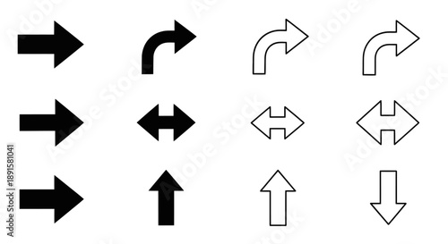 Collection of various black and white arrow symbols arranged in a grid