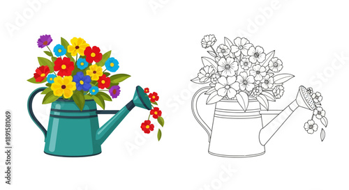 Colorful bouquet spilling from a watering can alongside a black and white outline