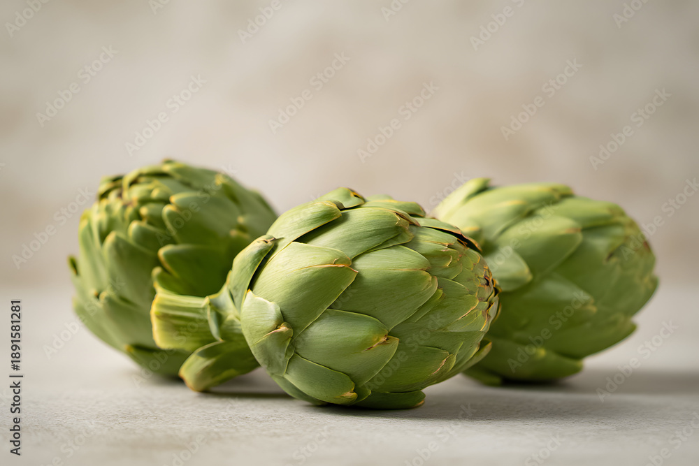 Fototapeta premium Fresh artichokes on a light surface with a simple background during daylight hours
