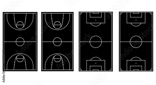 Four overhead views of basketball courts in a grid arrangement