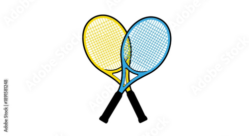 Two tennis rackets crossed one yellow and one blue against a white background