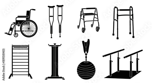 Assistive devices including wheelchairs crutches and walkers in black and white